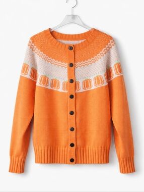 Modcloth Orange Fair Isle Retro Geometric Pumpkin Print Knit Cardigan Sweater